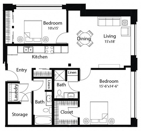 Floor plan for 2 beds, 2 baths, 1127 sqft